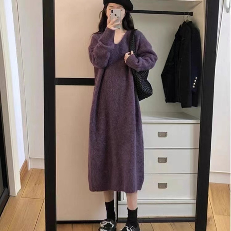 New autumn and winter large size women's mid-length sweater v-neck loose outer wear lazy style knee-high soft cotton sweater skirt