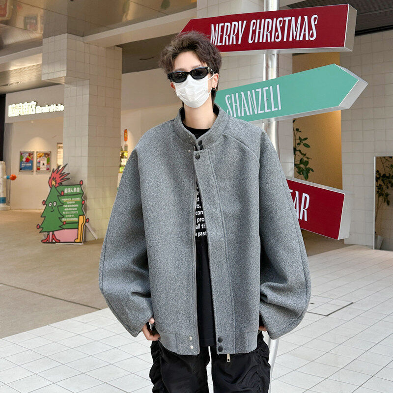 American style stand collar woolen coat men's autumn and winter handsome woolen coat short Korean style suit jacket