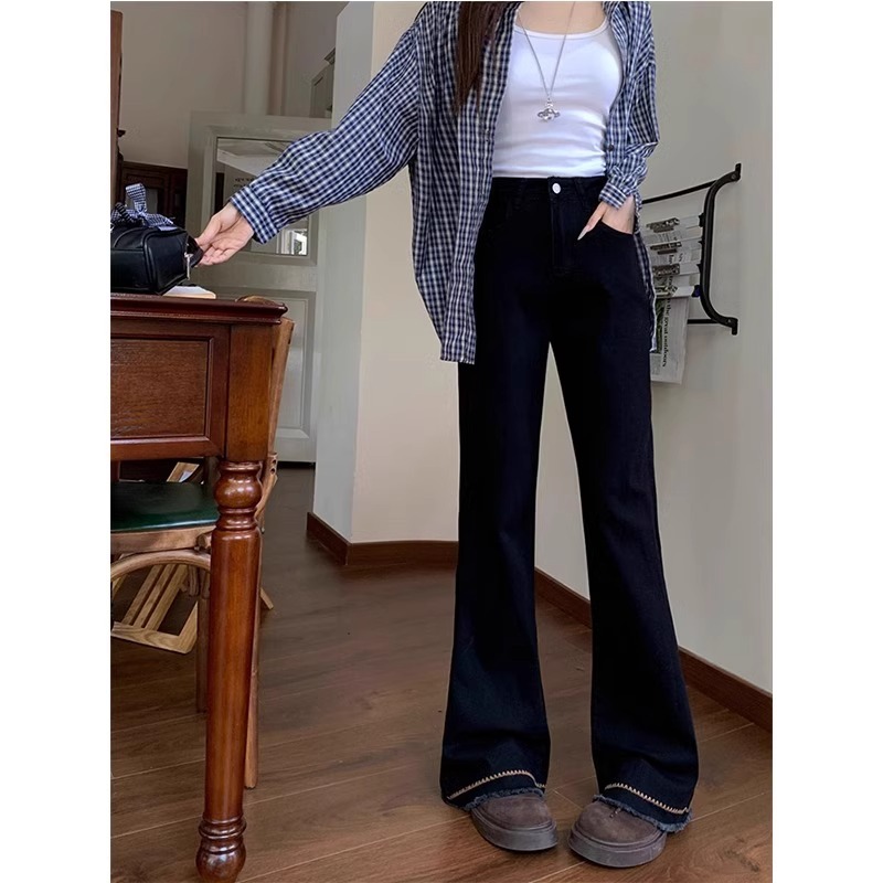 Black velvet micro-boot jeans for women in autumn new style small high-waist slim temperament slim horseshoe floor mopping pants
