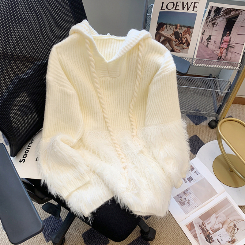 Soft and waxy lazy sweater for women in autumn and winter, hooded knitted style, unique and chic top, high-end