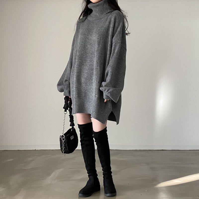 Large size autumn and winter lazy loose fat mm high collar warm pullover sweater women's mid-length knitted top