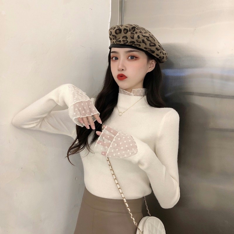 Large size fat mm design fake two-piece mesh splicing lace bottoming sweater for women