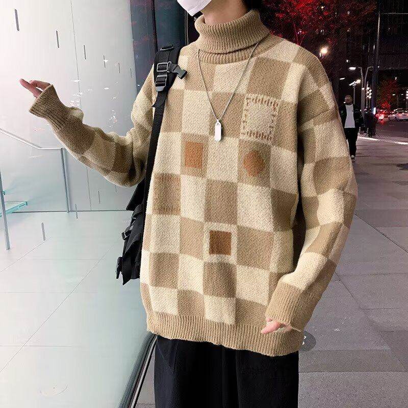 Autumn and winter turtleneck men's plaid ins loose and versatile handsome Hong Kong style retro casual sweater