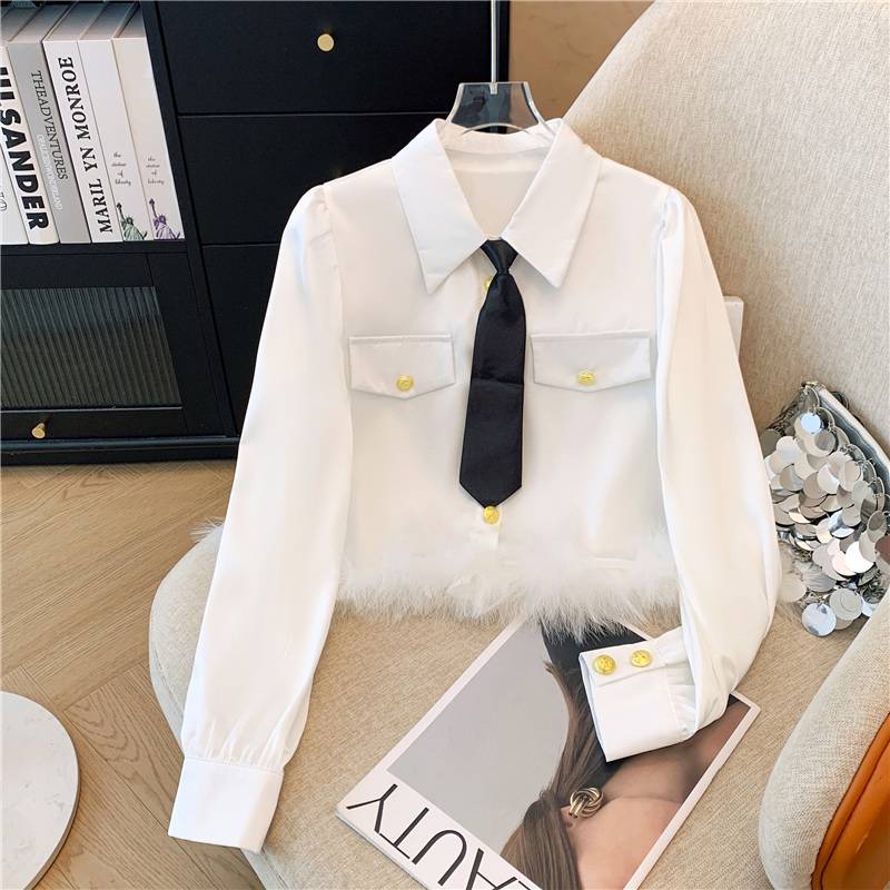 French high-end design niche feather tassel patchwork shirt casual fashion versatile tops for women