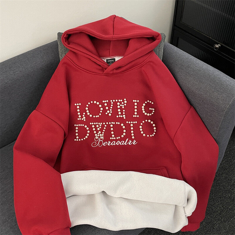 American retro beaded velvet sweatshirts for men and women, stylish loose casual hooded jackets for couples