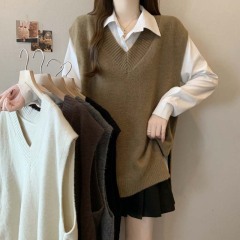 2024 Autumn V-neck simple solid color pullover sweater vest for women large size loose and versatile casual top