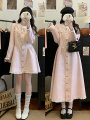 Rich girl Xiao Xiangfeng pink autumn and winter sweet breasts retro princess lace splicing dress for women