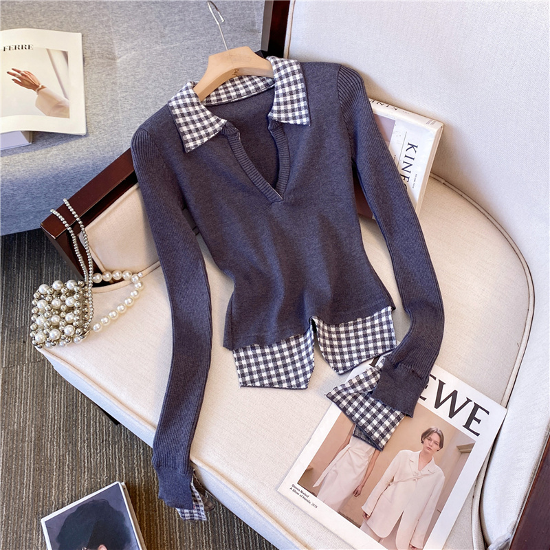 Pure Desire Hot Girl Lapel Long Sleeve Sweater Women's Autumn and Winter New Style Slimming Short Fake Two-piece Sweater