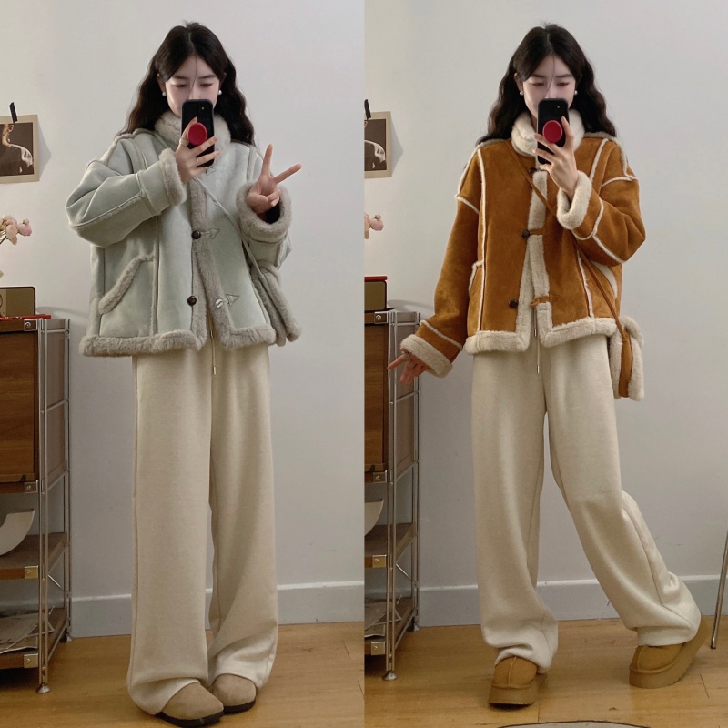 New winter style thickened motorcycle jacket + bag + towel glutinous rice pants with fur splicing design