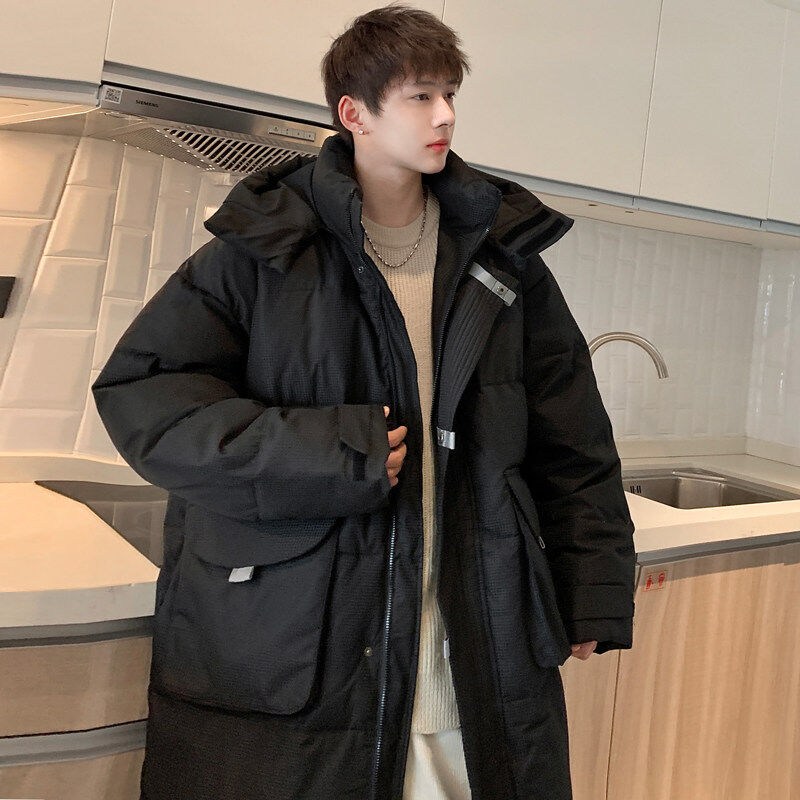 Down jacket new men's winter Hong Kong style loose long white duck down jacket