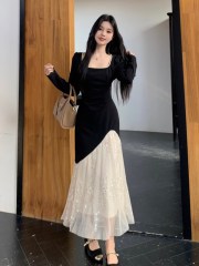 Autumn and winter new French tea break style sequin splicing slim dress for fat girls with crotch-covering temperament long skirt