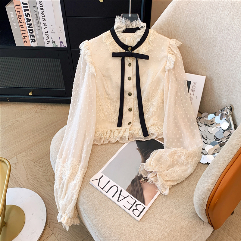 High-quality palace-style slim-fit bow shirt with contrasting color heavy-duty lace long-sleeved top