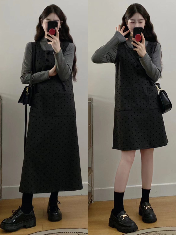 Spot plus size women's fat mm wool suspender skirt polka dots loose simple temperament long-sleeved two-piece set