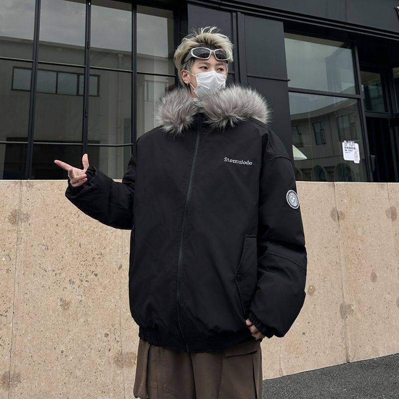 American trendy brand fur collar men's winter loose warm cotton coat thickened casual cotton coat