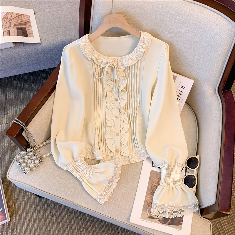 Palace style shirt for women, autumn design niche shirt, lace ruffle, chic and beautiful top, French style