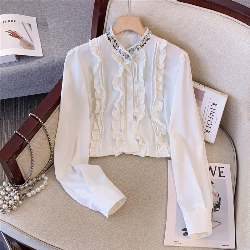 Daughter's Return White Wood Ear Handmade Beading Short Casual Versatile Long Sleeve White Shirt