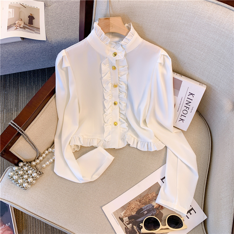 French court-style fungus lace satin long-sleeved shirt, high-end puff-sleeved shirt, short top