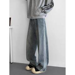 Washed distressed three stripes black jeans men's high street trendy loose straight straight floor mopping trousers