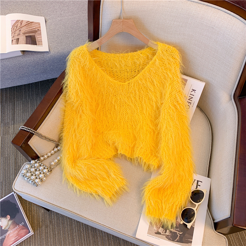 Dopamine lazy colorful sweater women's design plush V-neck sweater loose short top