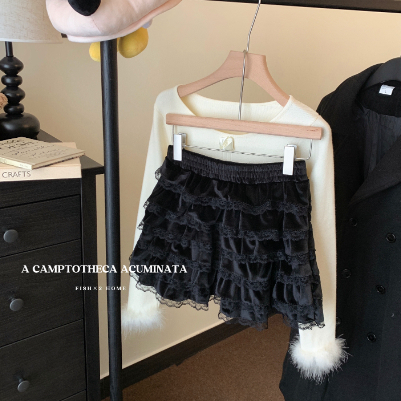 Heavy lace stitching velvet cake skirt short girly puff skirt