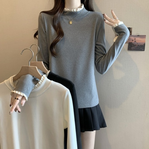 Spot large size German velvet lace double-sided fungus half turtleneck bottoming shirt for women autumn and winter plus velvet top 1832