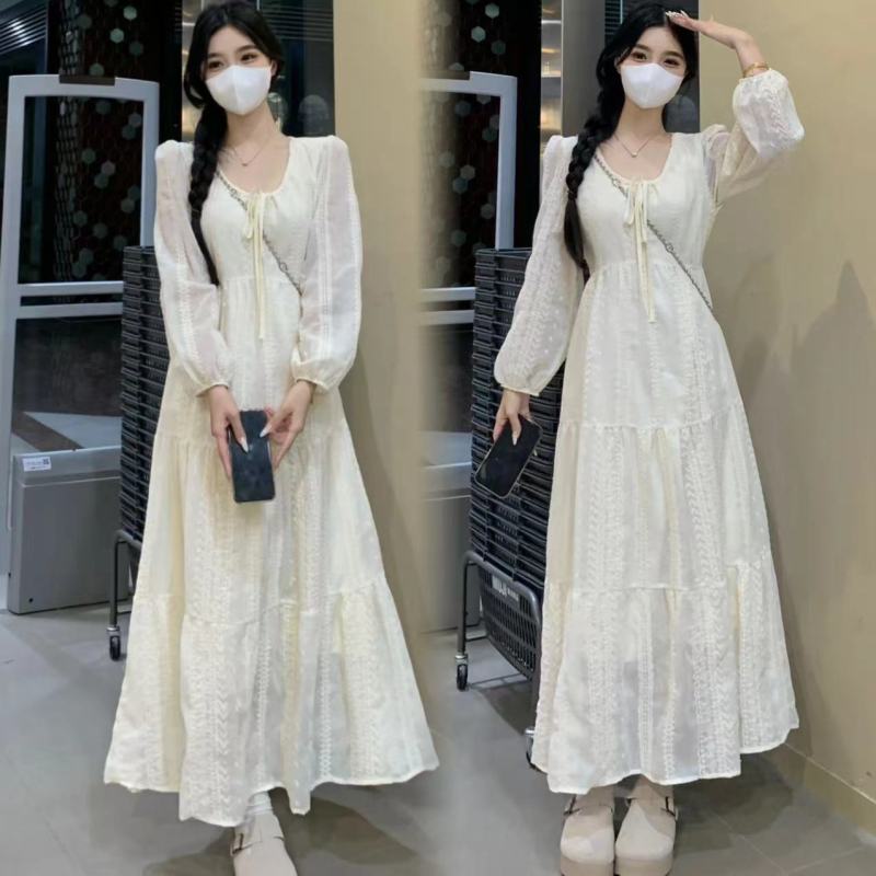 2024 New Loose Slim Lace Gentle Long Skirt Color Lace Heavy Embroidery Long Sleeve Dress for Women