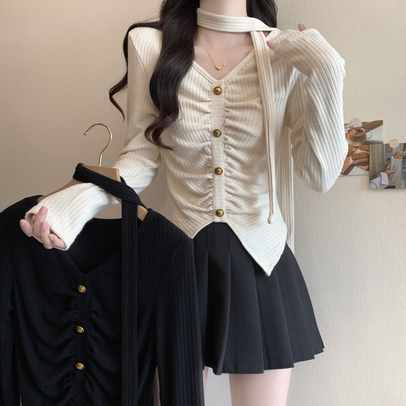 Large size autumn and winter new knitted pleated waist top women's French temperament versatile slimming long-sleeved T-shirt