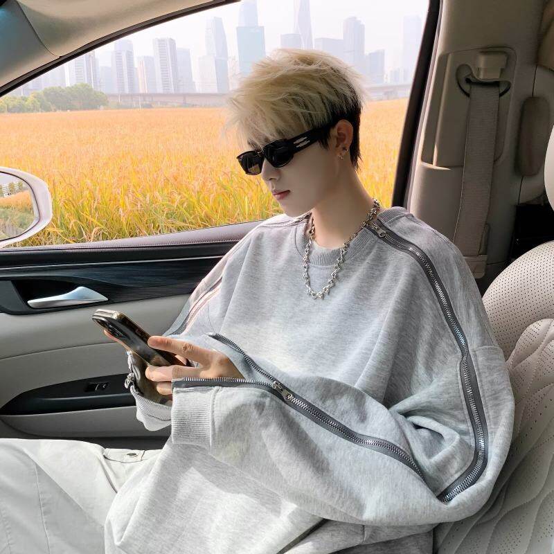 Deconstructed double zipper silhouette gray sweatshirt men's casual splicing dropped shoulder sleeve design top