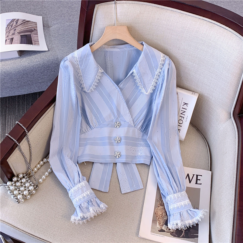 French lace bow tie waist lace lace hot diamond V-neck striped shirt women's fashionable top