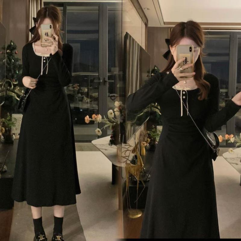 French retro slimming bottoming knitted dress women's autumn and winter new high-end waist A-line long skirt