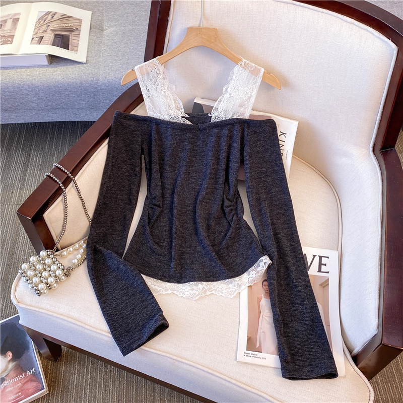 Pure lust style lace splicing fake two-piece long-sleeved T-shirt slim fit off-shoulder design top for women