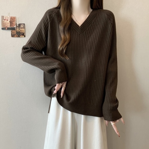 Korean style belly-covering thickened V-neck sweater sweater for women 2024 autumn and winter large size slightly fat mm loose top