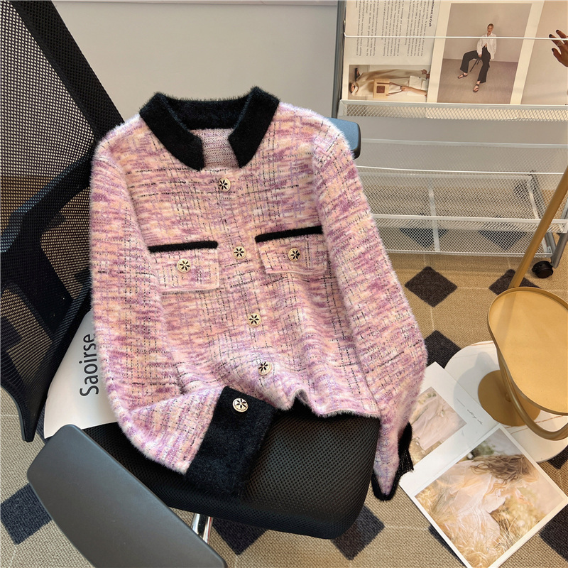 Xiaoxiangfeng contrast color coat for women in autumn and winter, beautiful and unique, loose and super good-looking, long-sleeved top with design