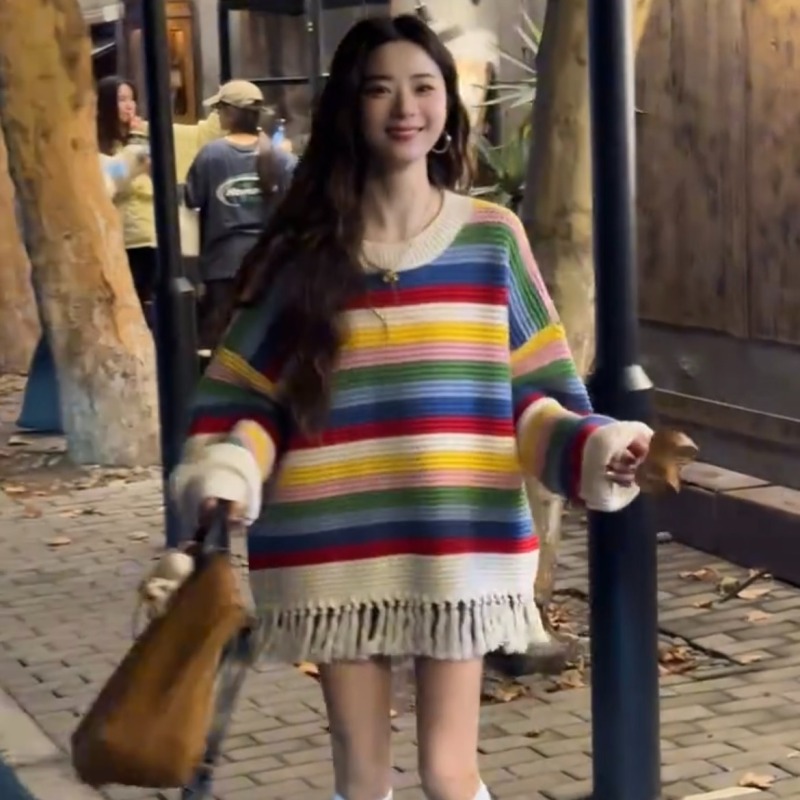 Women's autumn and winter new rainbow striped fringed sweater casual loose slimming top