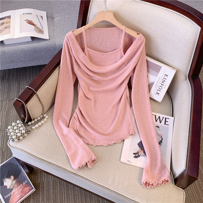Korean version of versatile soft slung collar off-shoulder sweater for women autumn imitation wool fake two-piece long-sleeved top
