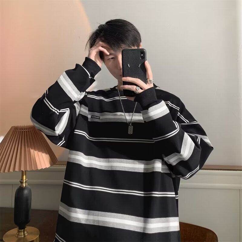 Striped sweatshirt men's Korean style trendy color matching high street handsome literary autumn ins loose jacket