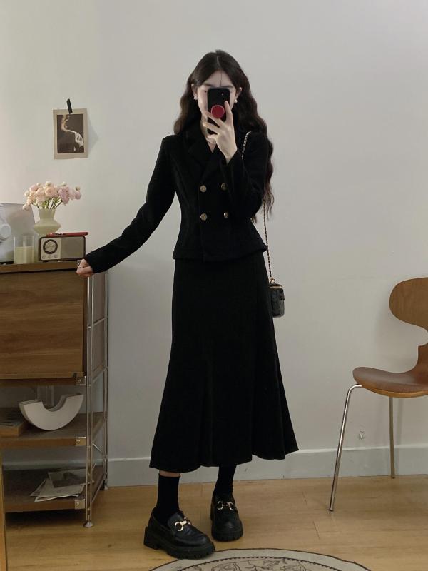 Large size 2024 winter new velvet suit women's corduroy waist coat skirt two-piece set