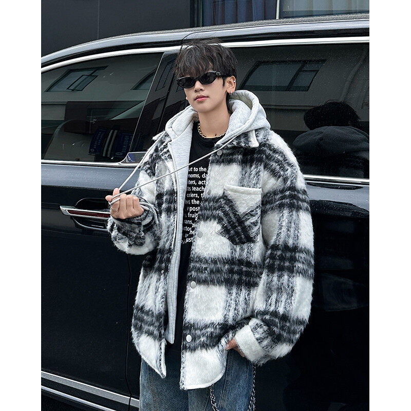 American trendy loose fake two-piece woolen hooded jacket