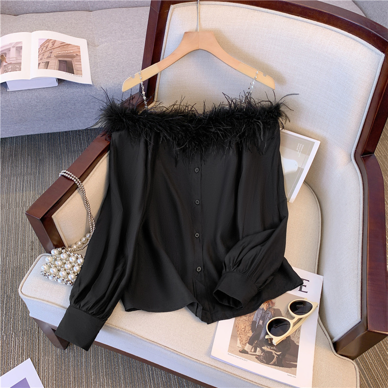 French socialite's furry one-shoulder shirt has a niche design, a unique and chic top for hot girls with pure lust.