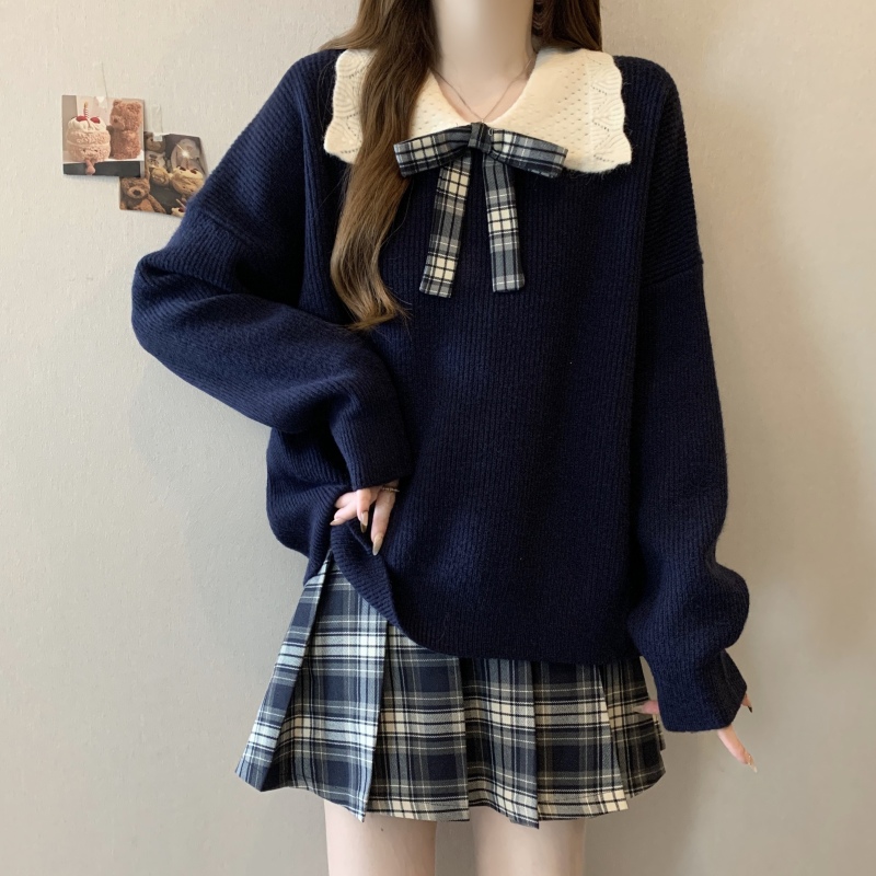 Plus size fat mm college style contrasting color versatile doll collar sweater women's autumn and winter loose knitted sweater top
