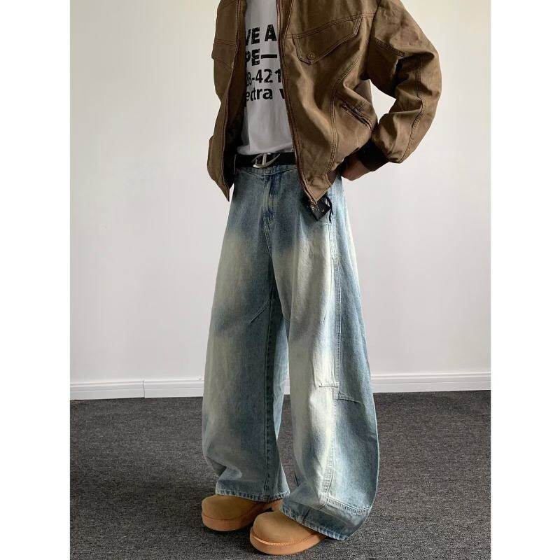 American retro scimitar jeans for men, loose tie-dye silhouette, lazy splicing wide-leg trousers