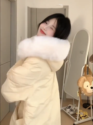 2024 new autumn and winter Korean style fashionable and chic hooded design mid-length large fur collar cotton jacket for women