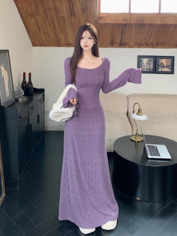 French high-end purple lace dress fat mm two-piece set autumn 2024 new long skirt blouse