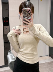 Pure lust style bottoming shirt for women in autumn and winter, hot girl slimming design, threaded slim top and velvet inner T-shirt