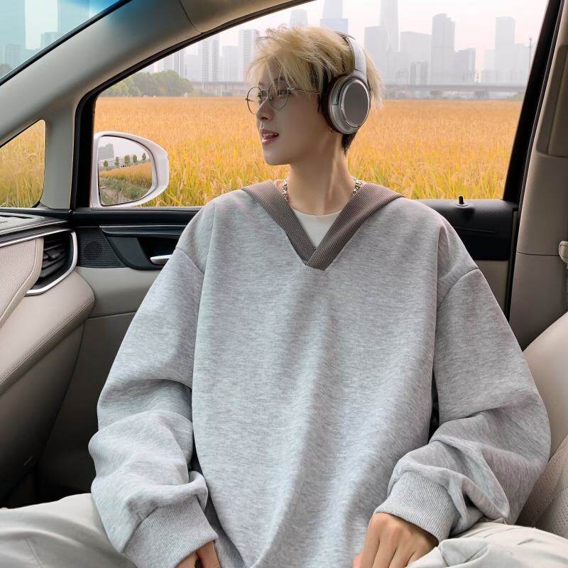 Fashionable hooded sweatshirt for men, spring and autumn, V-neck design, loose hoodie, American retro