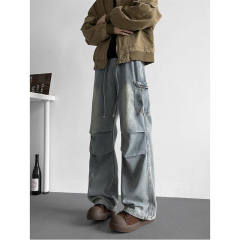 American high street retro distressed washed pleated loose work jeans