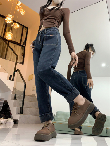 Large size velvet thickened straight jeans for women in autumn and winter loose slimming high waist daddy harem carrot pants