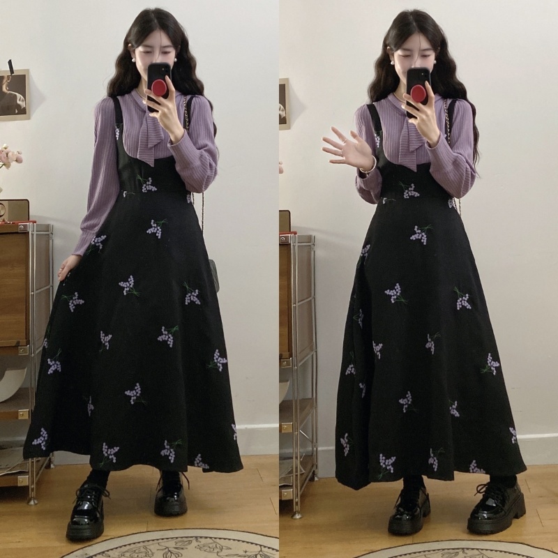 2024 Winter New French Retro Waist Purple Splicing Fake Two-piece Long Sleeve Dress