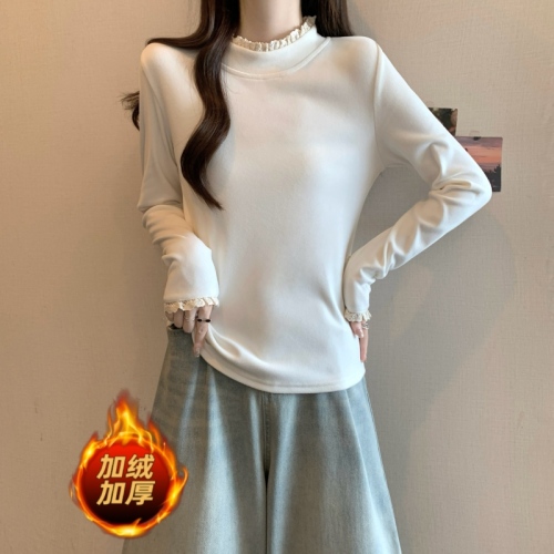 Spot large size German velvet lace double-sided fungus half turtleneck bottoming shirt for women autumn and winter plus velvet top 1832