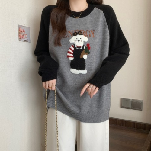 Large size embroidered raglan sleeve sweater autumn and winter new bottoming shirt fat mm foreign style inner sweater